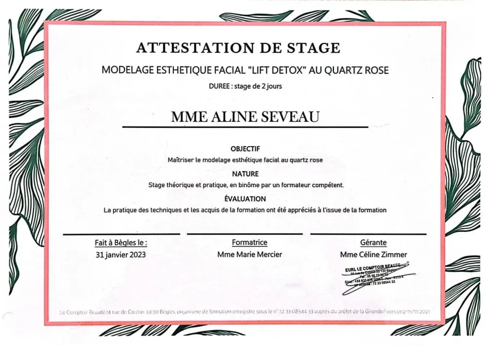attestation de stage modelage au quartz rose
