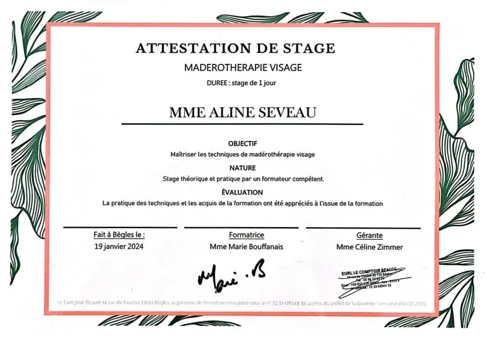attestion de stage mederotherapie visage
