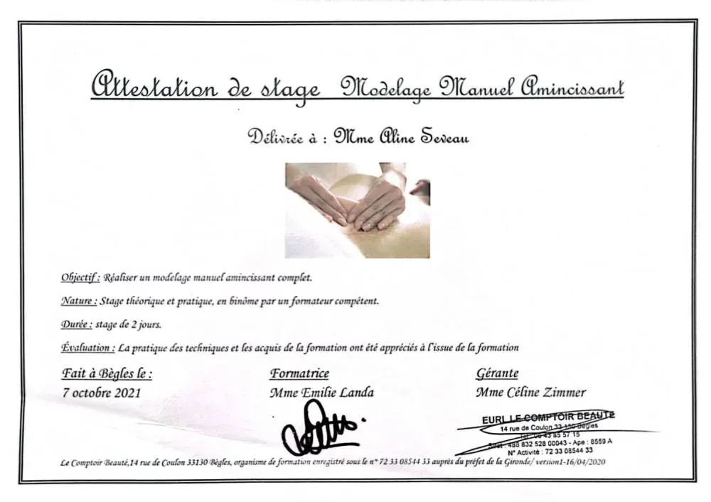 attestion modelage manuel amincissant