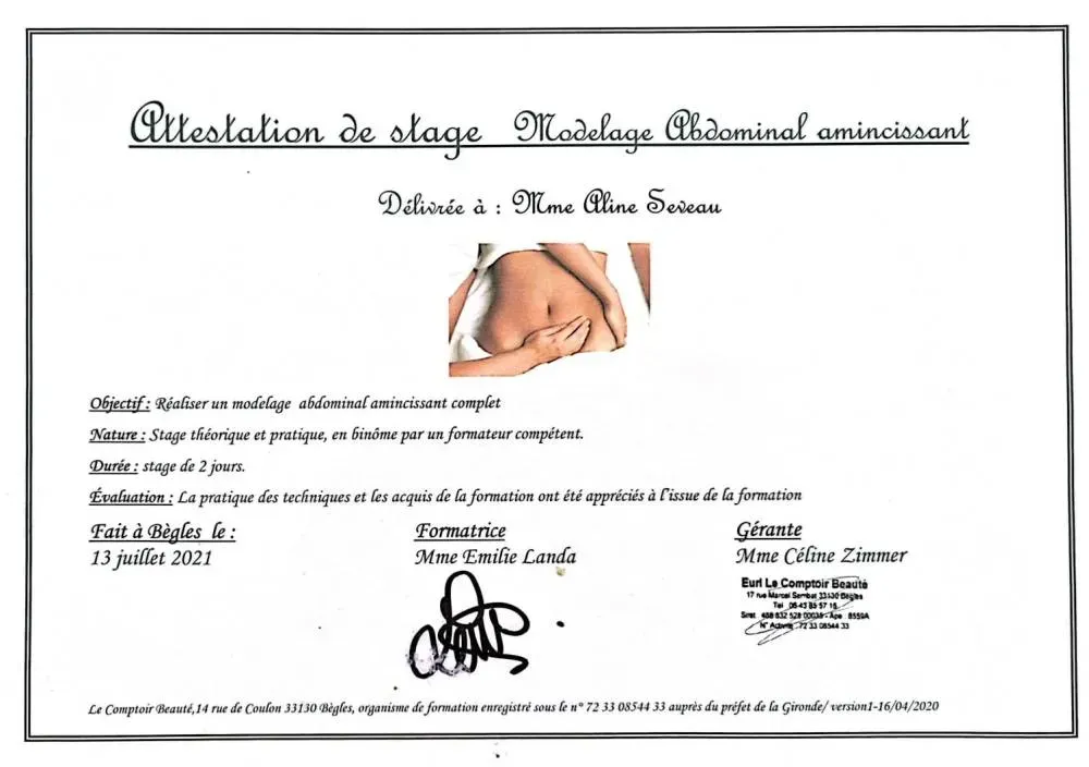attestation modelage abdominal amincissant