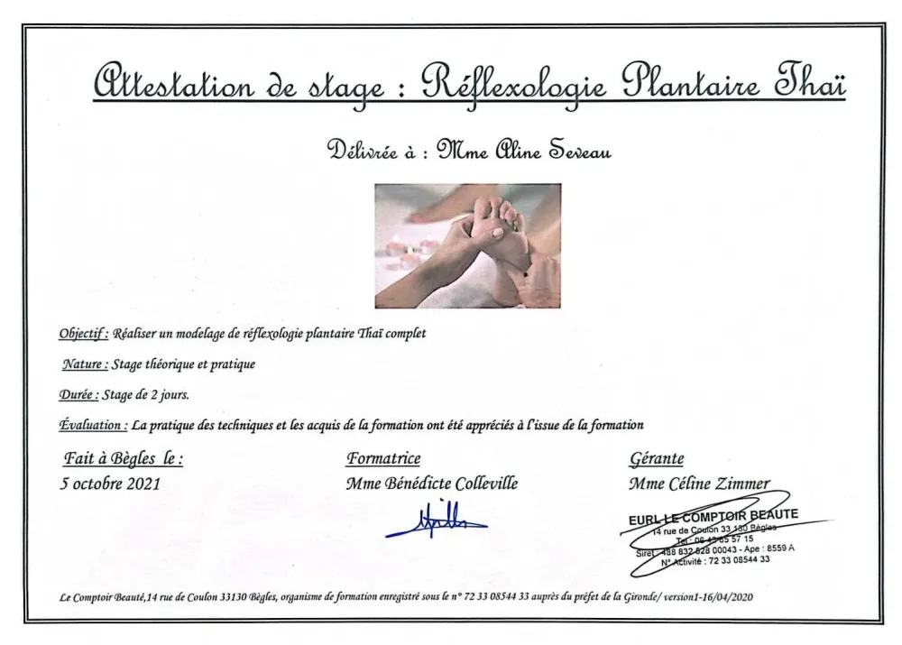 attestation  reflexologie plantaire